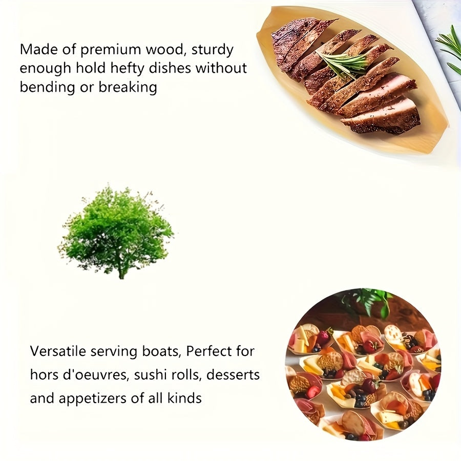 50 Disposable Wooden Plates, Picnic & Camping Food Box, Wooden Boat Sauce Dish – Stronger Than Bamboo, Bowls for Parties, Restaurants, Catering