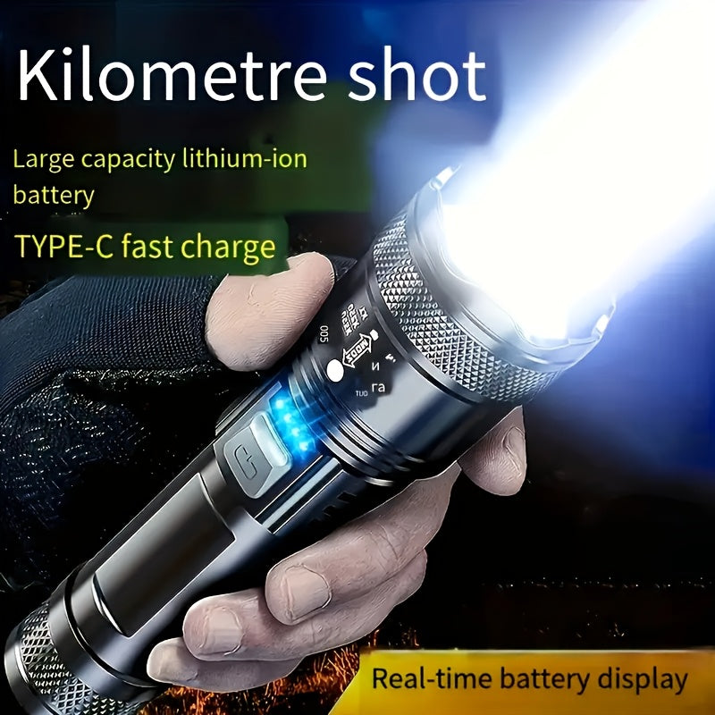 Ultra Powerful XHP50 LED Flashlight, Built-in Rechargeable Battery, Super Bright Zoomable Light, Perfect for Camping, IP65 Waterproof