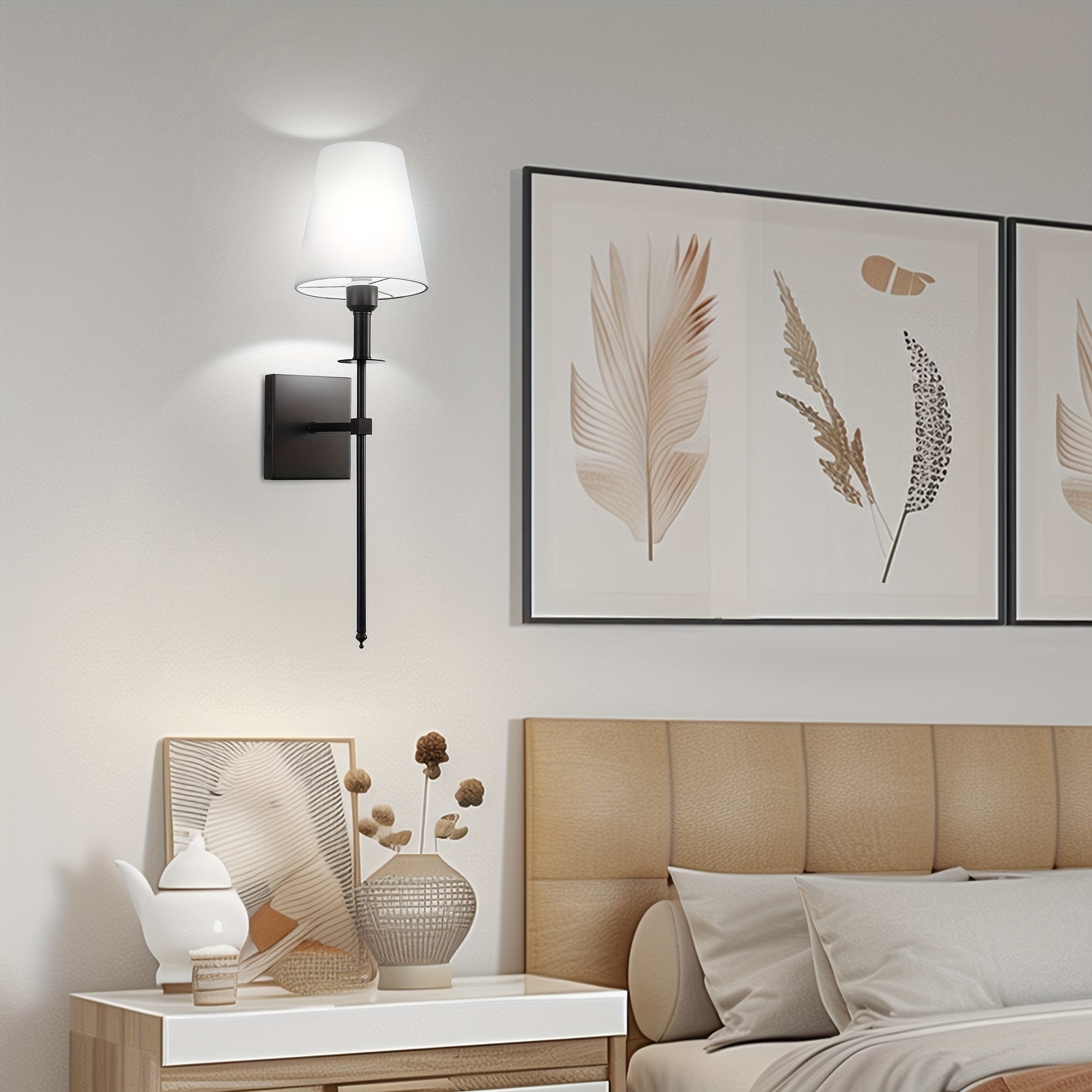 Upgraded RGB remote control wall light, equipped with rechargeable battery and white fabric lampshade, suitable for home decoration scenes such as bedroom, living room, game room. Designed with E26 lamp holder