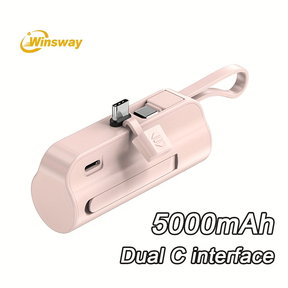 WINSWAY雙口5000毫安膠囊迷你口袋移動電源，便攜快速充電無線手機支架充電器，附Type-C資料線，支援同時為兩部手機充電，相容安卓、三星等裝置，適合旅行、飛機及假日使用。是送給愛美女友的必備好禮