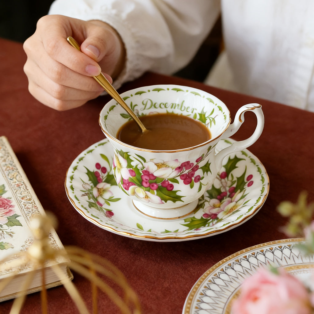 1pc Elegant Twelve Months Flower Tea Cup & Saucer, 6oz Vintage Bone China Coffee Cup & Saucer, Easy to Clean – Perfect for Afternoon Tea Parties, Birthday Parties, Birthday Gifts, Valentine‘s Day Gifts
