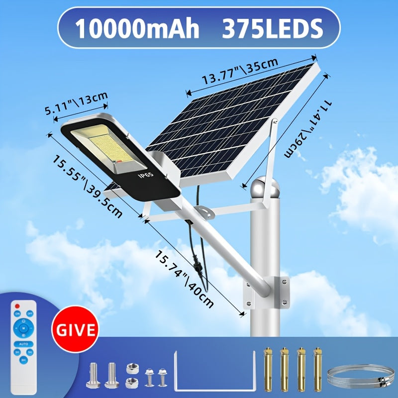 High Power Outdoor Super Bright Solar Light, 10000mAh, 6500K, 375 LEDs, 3H/5H/8H Three Timing Modes, Smart Light Control LED Courtyard Street Light, with Remote Control
