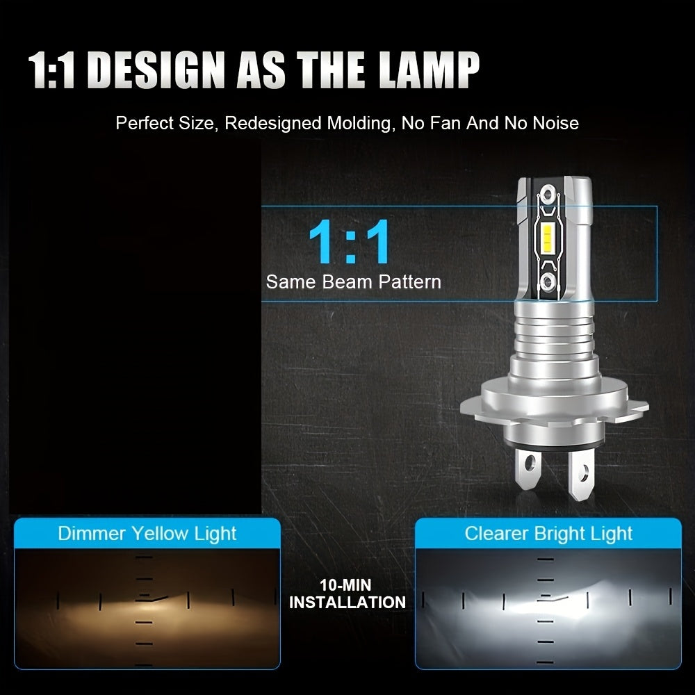 Set of 2 H7 LED Headlight Bulbs, Equipped with Canbus 5530 Chip, Provides 18000 Lumens of 60W White Light, Suitable for Cars, Trucks and Motorcycles, No Battery Needed
