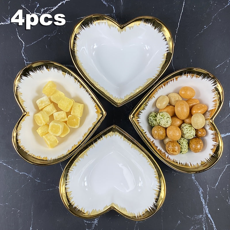 Set of 4, Ceramic Snack Bowls, High-End Electroplated Gold Small Appetizer Plates, 5-Inch Elegant Heart-Shaped Ceramic Bowls, Dessert Bowls, Table Bowl for Cereal, Fruit