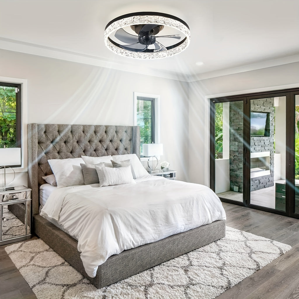 Low Profile Ceiling Fan with Light and Remote Control, Fandelier 19.7 Inch Semi-Flush Mount, 3000K-6500K Smart Bladeless LED, Black Modern Bedroom Ceiling Fan, Acrylic Lampshade, Hardwired, Remote Control