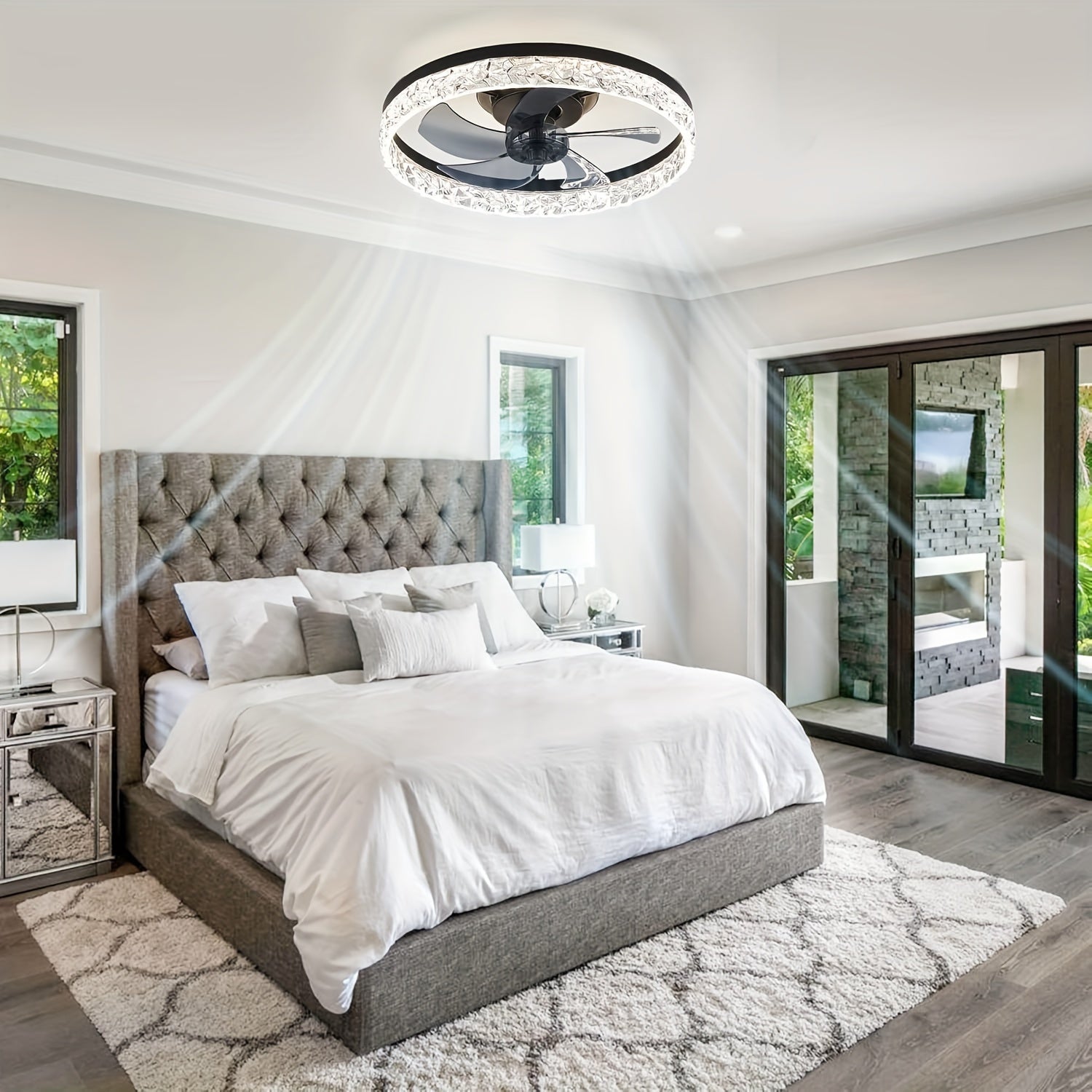 Low Profile Ceiling Fan with Light and Remote Control, Fandelier 19.7 Inch Semi-Flush Mount, 3000K-6500K Smart Bladeless LED, Black Modern Bedroom Ceiling Fan, Acrylic Lampshade, Hardwired, Remote Control