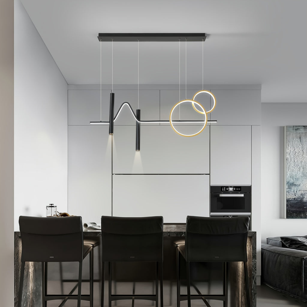 Enkerr modern gold dimmable LED pendant light, with remote control, adjustable color temperature (warm light/cool light), linear wave shape, compatible with spotlights (wall switch control), suitable for island, dining room, living room