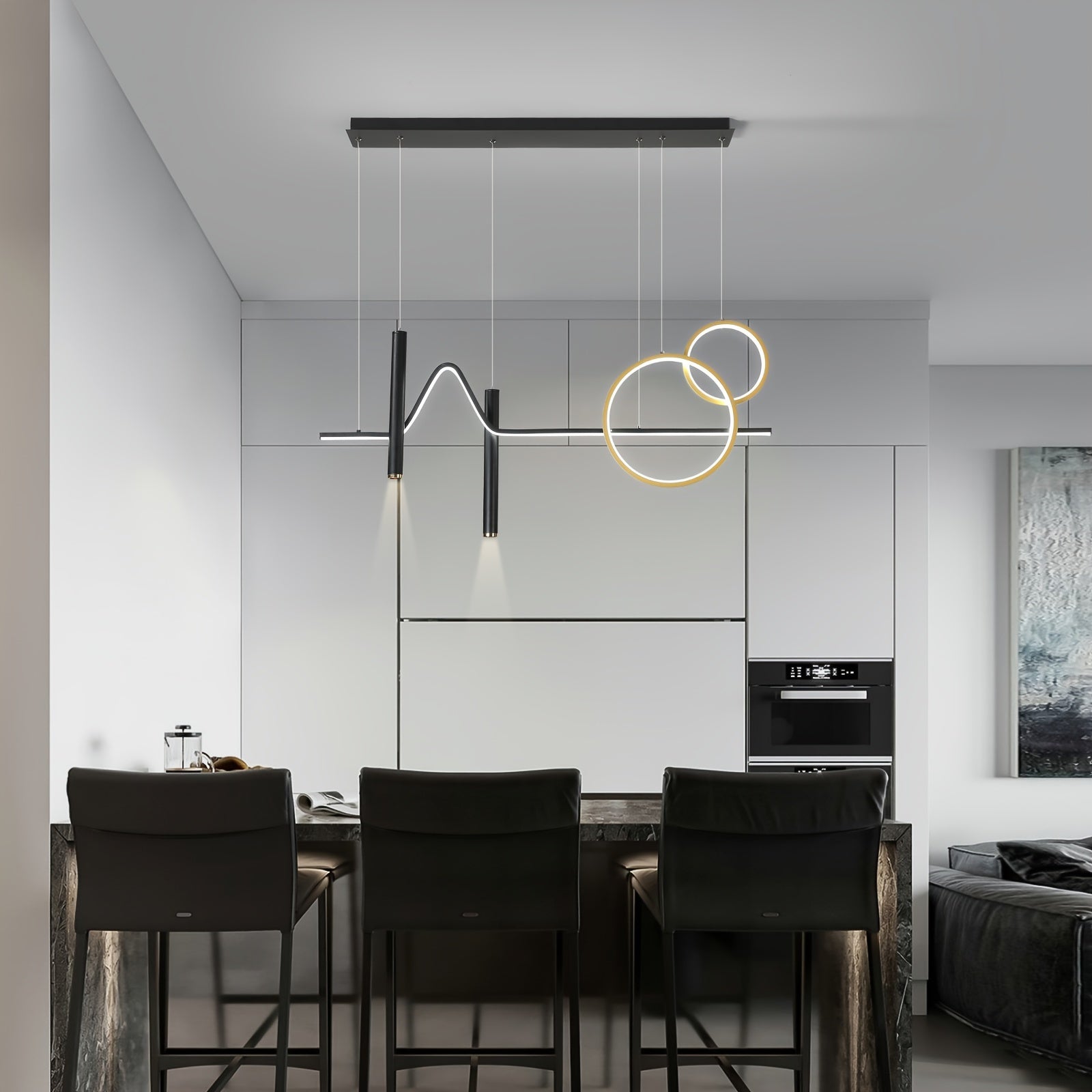 Enkerr modern gold dimmable LED pendant light, with remote control, adjustable color temperature (warm light/cool light), linear wave shape, compatible with spotlights (wall switch control), suitable for island, dining room, living room