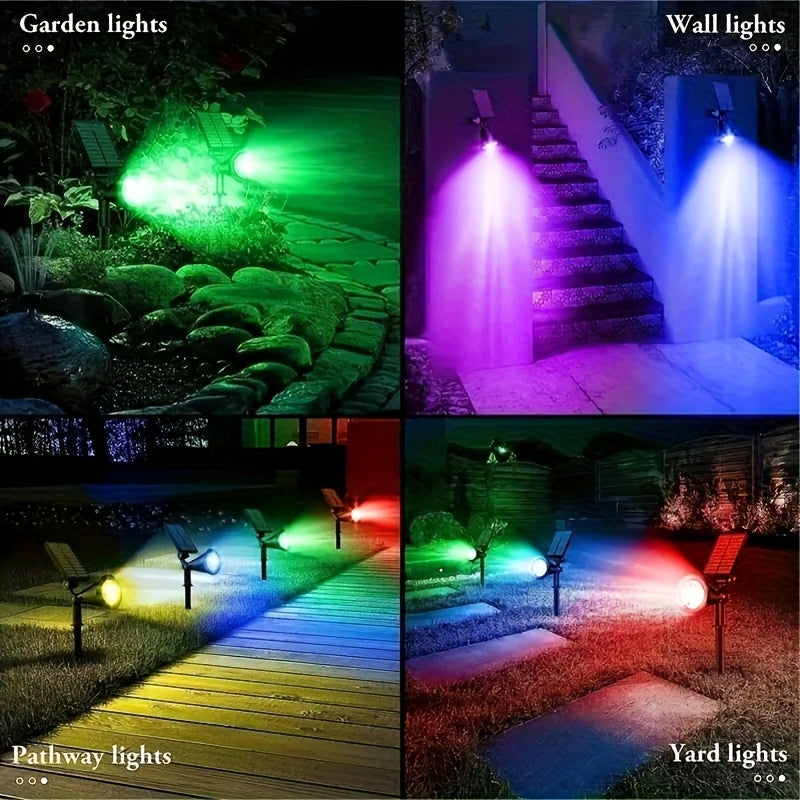 A set of 4 outdoor spotlight fixtures, featuring 9 LED solar lights, equipped with adjustable brightness and RGBW color-changing function. These landscape lights are easy to install, suitable for gardens, driveways, patios