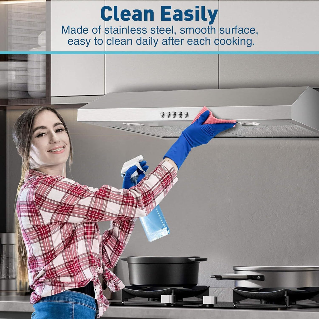 30-Inch Under-Cabinet Range Hood, Silver Stainless Steel Kitchen Vent Hood, 600CFM Stove Exhaust Fan, 3-Speed Fan, 2 Bright LED Lights