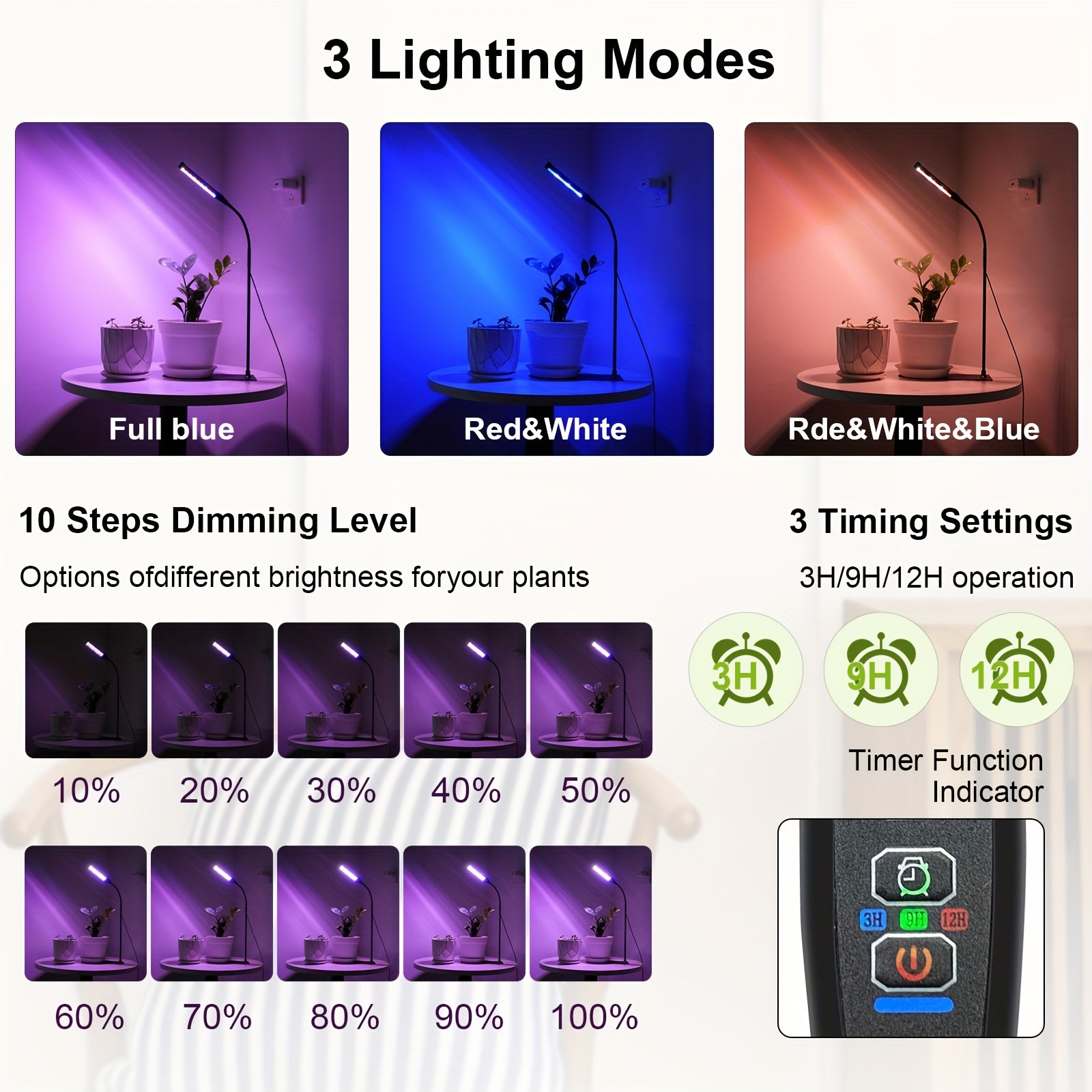 Square tube base LED grow light, multi-functional indoor plant lighting, with USB timer dimming, plant growth promoting light, 3 mode switching, promotes healthy plant growth