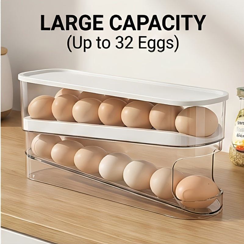 Space-Saving Double-Layer Transparent Automatic Rolling Egg Storage Container with White Lid – Made of Durable PP Plastic – Double-Layer Egg Storage System
