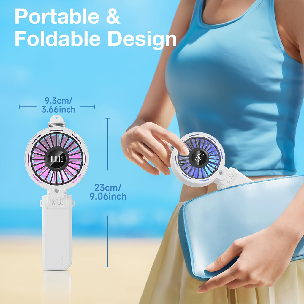 Rechargeable Portable Fan, Handheld Foldable USB Mist Fan with Removable Water Tank & Color Night Light, 3600mAh Battery, 1-100 Speed Adjustable, Strong Wind, 3-in-1 Handheld/Desktop/Hanging Use