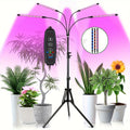 Indoor plant grow light, equipped with 4 heads, with full spectrum capability of red, blue and white light, comes with adjustable tripod ranging from 29 to 61 inches, the light includes a remote control and automatic on/off timer function