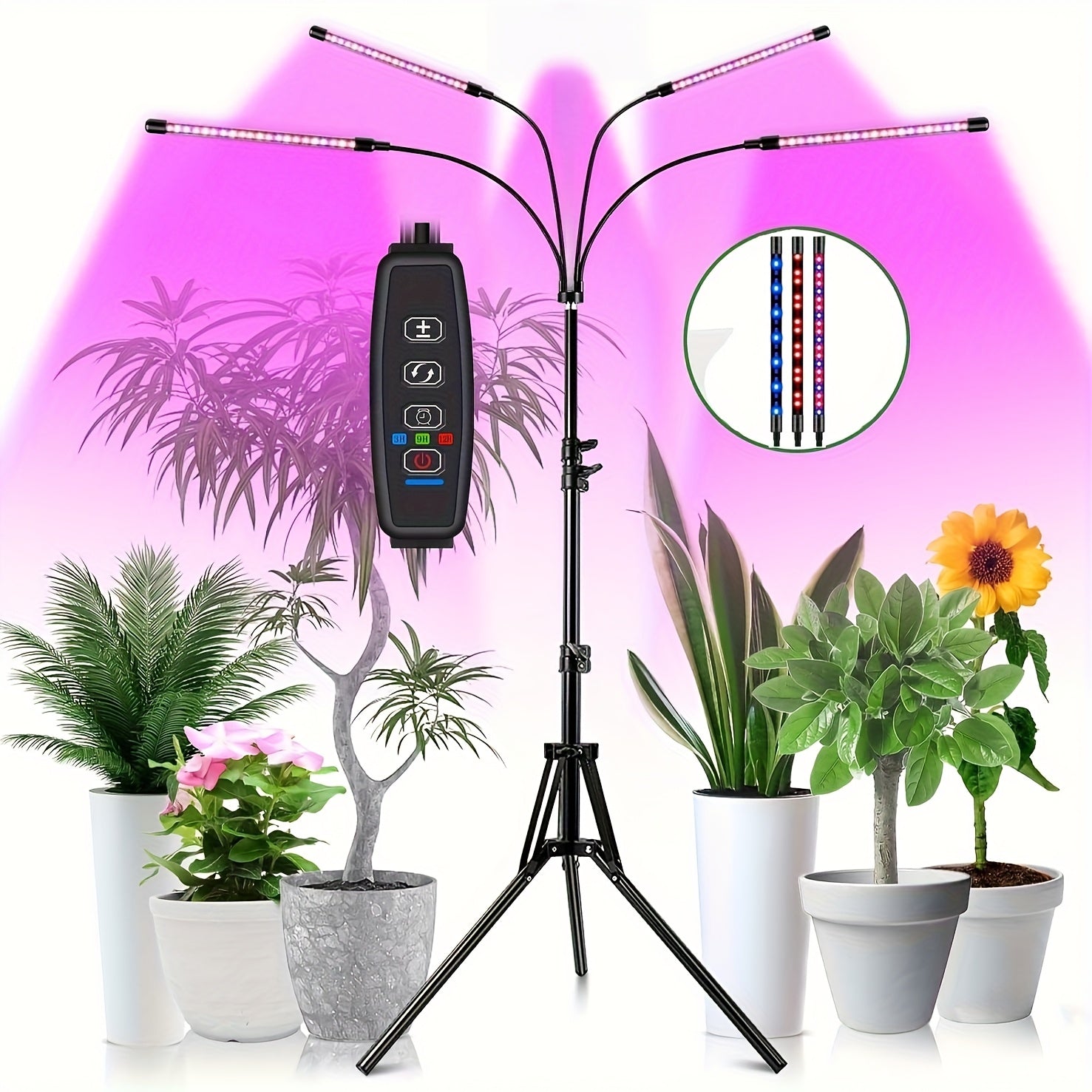Indoor plant grow light, equipped with 4 heads, with full spectrum capability of red, blue and white light, comes with adjustable tripod ranging from 29 to 61 inches, the light includes a remote control and automatic on/off timer function