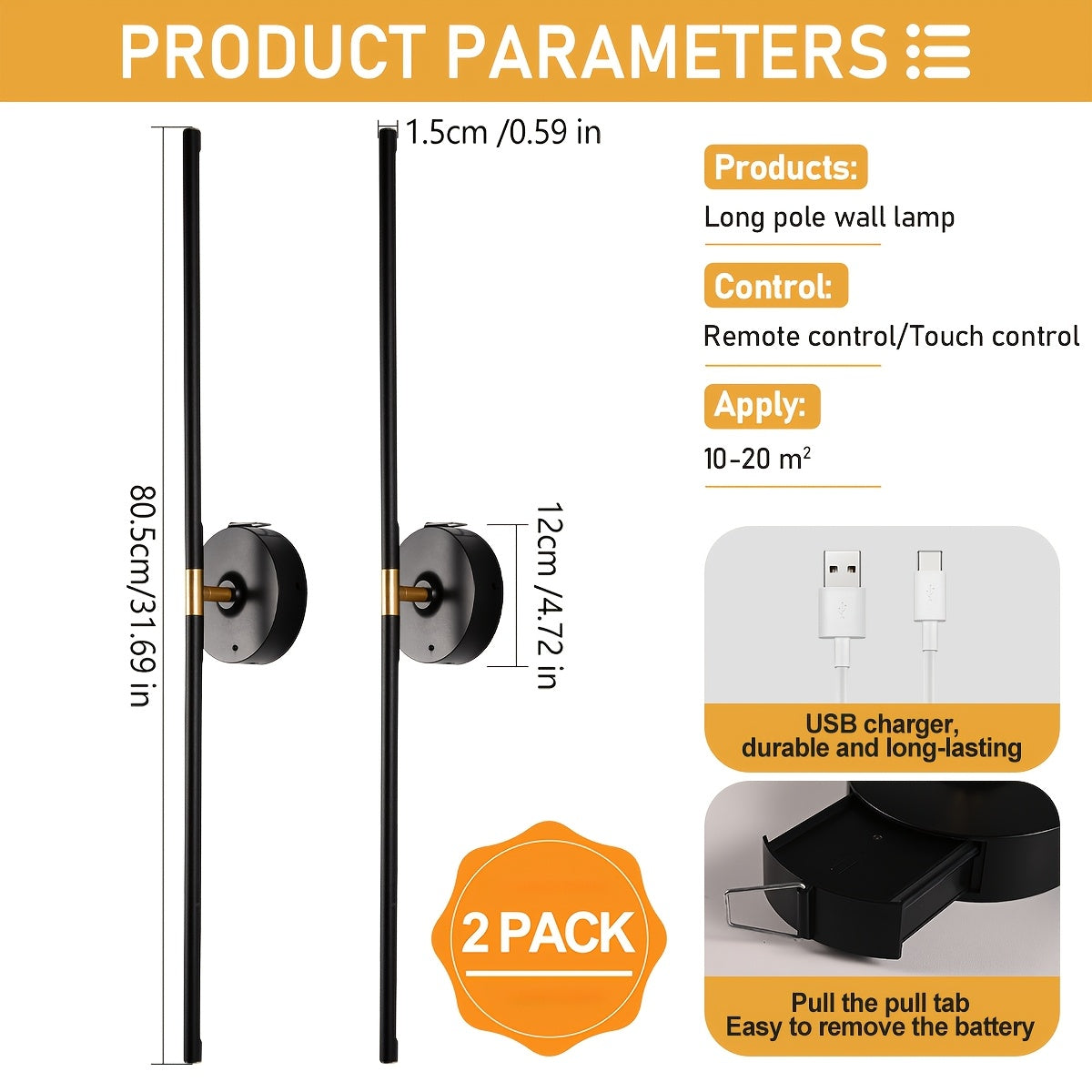 /2-Piece Modern Black Gold Cordless Wall Light with Remote Control and USB Charging, Rechargeable Lithium Battery Powered (No Plug-In Required), Stepless Dimming Sleep Mode and Memory Function, 3-Color Stepless Dimming