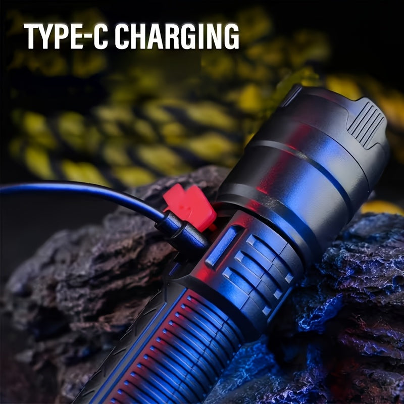 1 Set of 4 Rechargeable High-Power LED Flashlights with Zoom Focus, Ultra-Bright Long-Distance Beam, Tactical Work Light, Ideal for Camping, Hunting, Hiking & Emergency, LCD Digital Display, Perfect for Fishing
