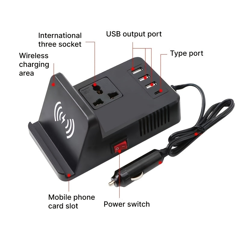 这款车载逆变器具有无线充电端口、Type-C USB接口、通用国际插座、独立开关，并且也可以用作手机支架，非常适合在不同场所使用，无需电池。
