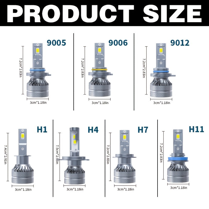 2-Pack Car LED Headlight Bulbs, 240W Power, 26600 Lumens Brightness, 6500K Color Temperature. Compatible with Models 9005, HB3, 9006, HB4, 9012, HIR2, H1, H4, H7, H18, H11, H9, H8-O107. Equipped with a Cooling Fan