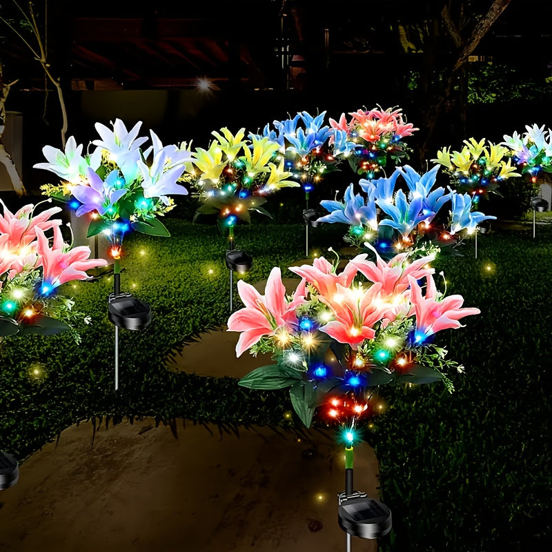 4pcs Solar 7 Lily Flower Light LED Outdoor Artificial Flower Light Solar Garden Light Outdoor Decoration for Courtyard, Garden, Path, Backyard, Lawn Ground Insert Light