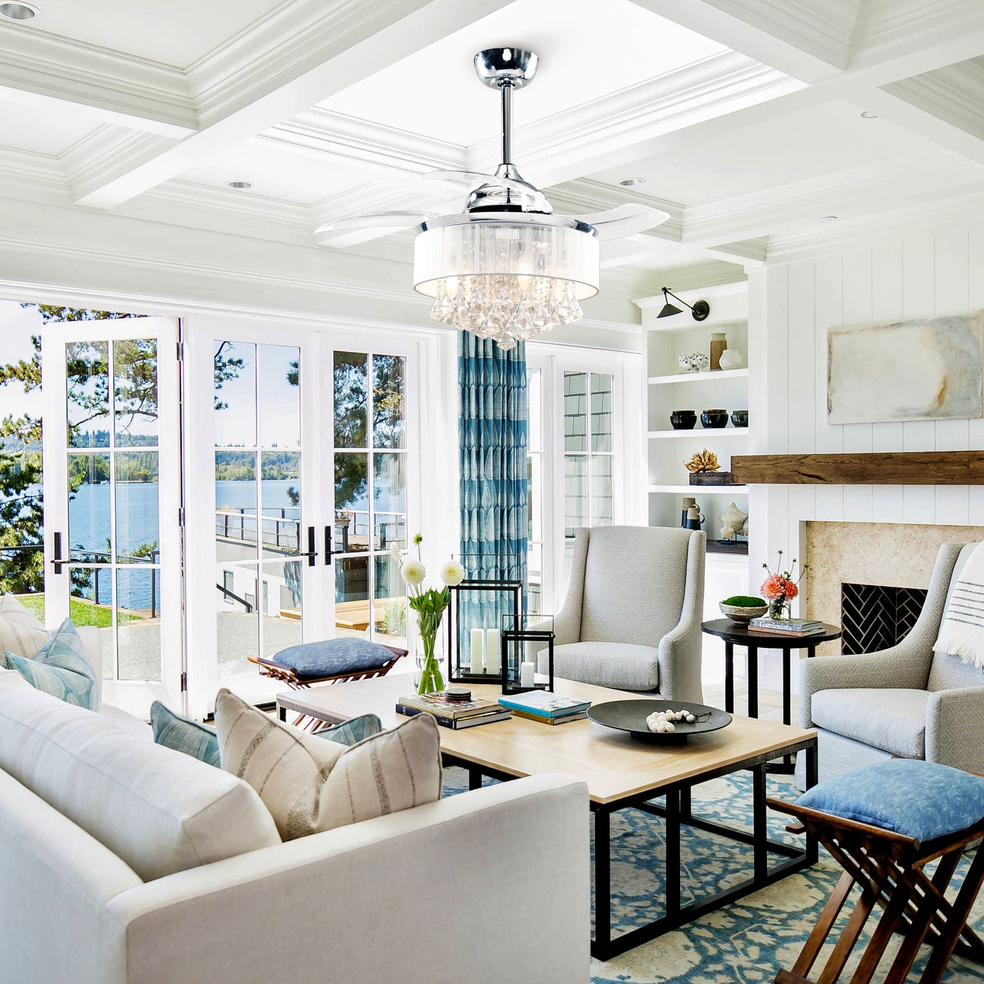 36 Inch Indoor Galvanized Downrod-Mount Retractable Crystal Ceiling Fan Chandelier with Remote & Lampshade