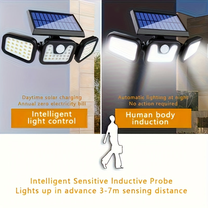4 Pack Commercial Street and Area Light, Solar Outdoor 3-Head Sensor Smart Light, 74 LEDs 270° Wide Angle Illumination, 3 Adjustable Light Modes, Perfect for Garden, Courtyard, Street, Garage, Porch Lighting