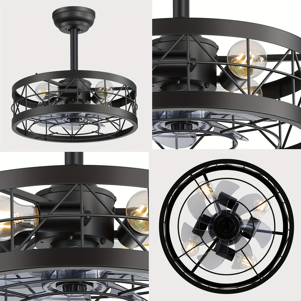 Caged Ceiling Fan with Light, 16.5In Farmhouse Enclosed Ceiling Fan, Remote Control, 6Speed, Black Industrial Ceiling Fan Light, Rural Farmhouse Ceiling Fan Light, for Indoor Bedroom Kitchen Dining Room