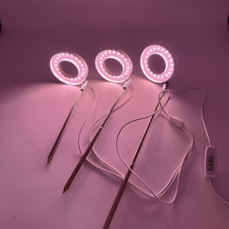 3 Pcs LED Plant Grow Light, Indoor Full Spectrum Ring Grow Light, Adjustable Height & Angle USB 5V Plant Lamp with 2/4/8H Auto Timer, 3 Lamp Heads, Seedlings Succulents Starting Grow Light