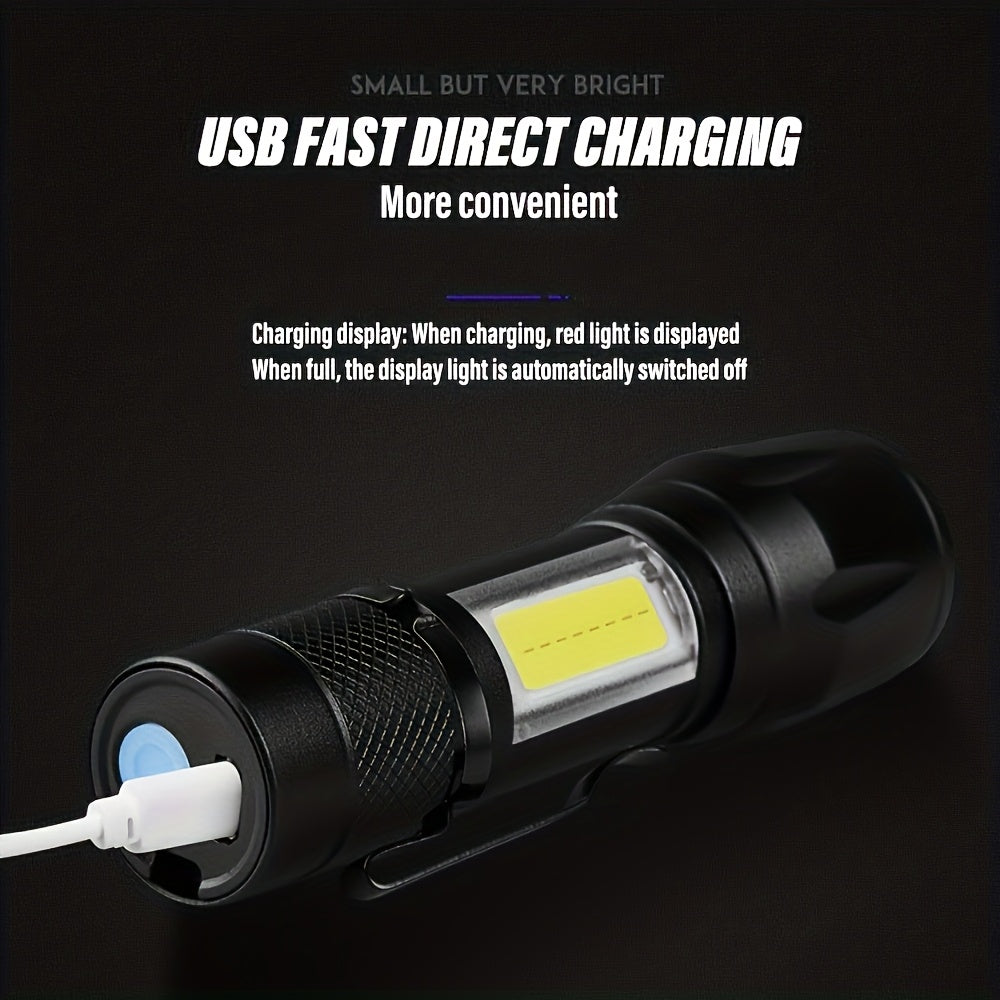 High Bright Mini Handheld Flashlight Rechargeable Camping Light Portable LED Light with High Bright COB Side Light Multiple Lighting Modes Retractable Zoom for Outdoor Camping Fishing