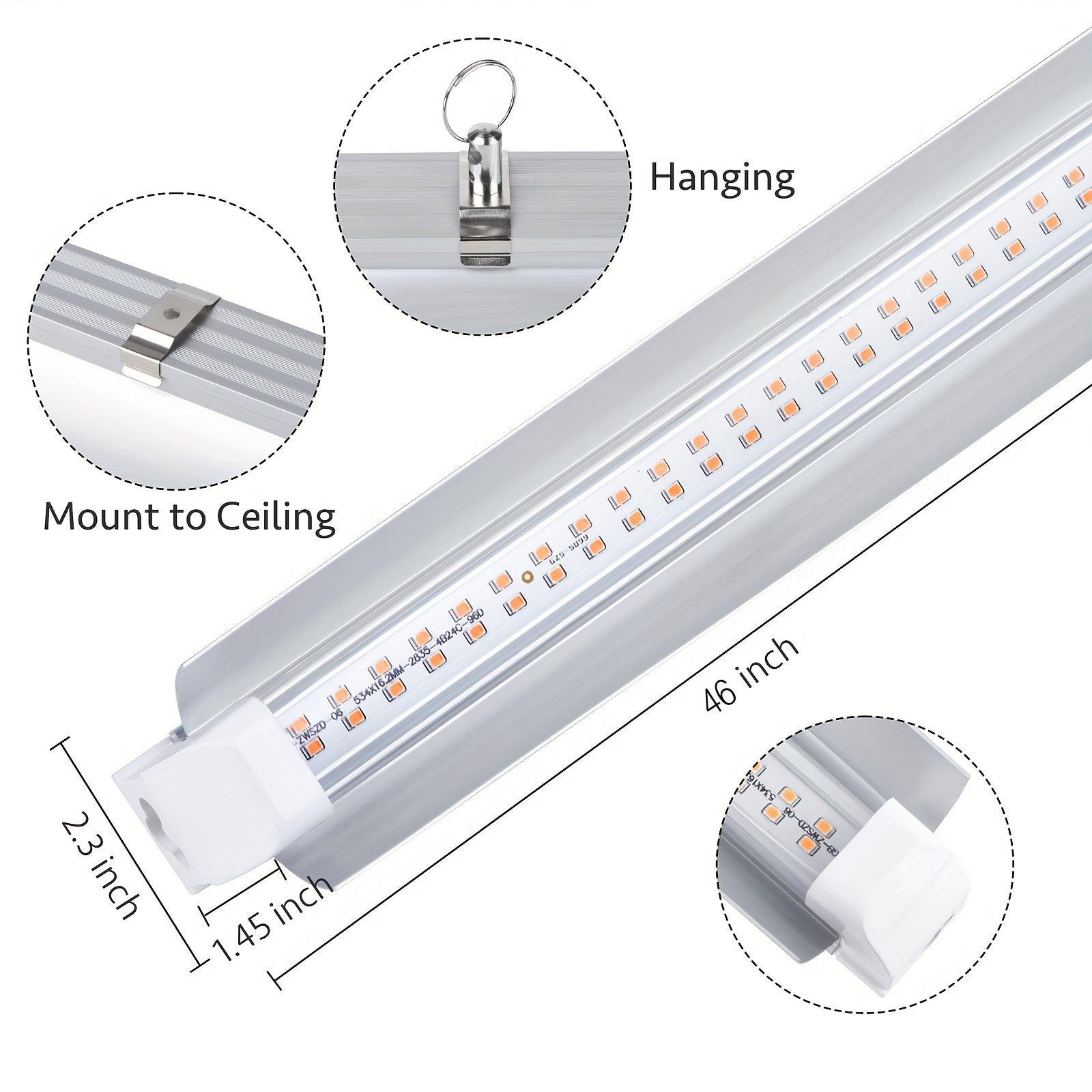 Indoor Plant Grow Light, 4ft T8, 270W (6 x 45W, 1620W Equivalent), Full Spectrum Sunlight Plant Light, Pinkish-White Spectrum Grow Light Strips, LED Indoor Plant Lamp, for Greenhouse, 6-Pack.