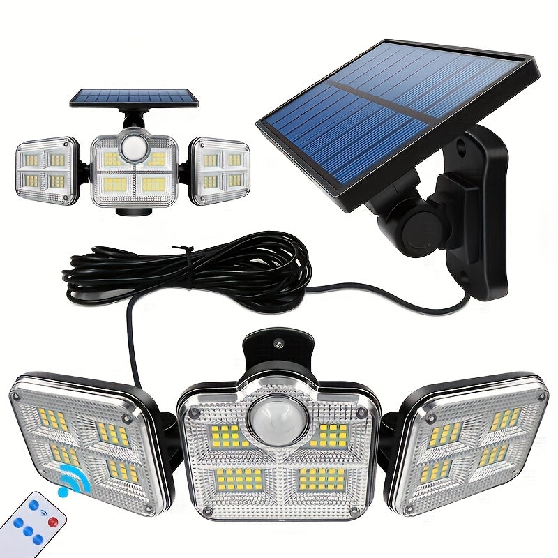 Solar Security Light with Motion Sensor - 3-Head 122 IP54 LED Dimmable, Semi-Flush Mount Plastic Wall Light, Remote Control, Solar Battery 2400mAh Lithium-Ion Battery, Non-Detachable Solar Panel - Light Source Included
