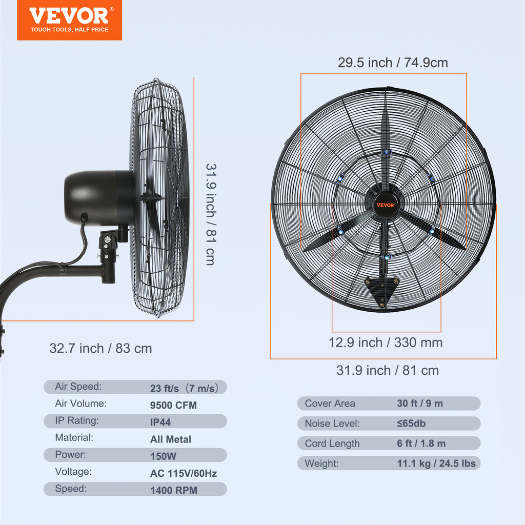 VEVOR Wall-Mount Misting Fan, 24"/30", 3-Speed High Velocity Max 7000 CFM / 9500 CFM, Waterproof Oscillating Industrial Wall Fan, Commercial/Residential for Warehouse, Greenhouse, Workshop, Black, ETL Listed