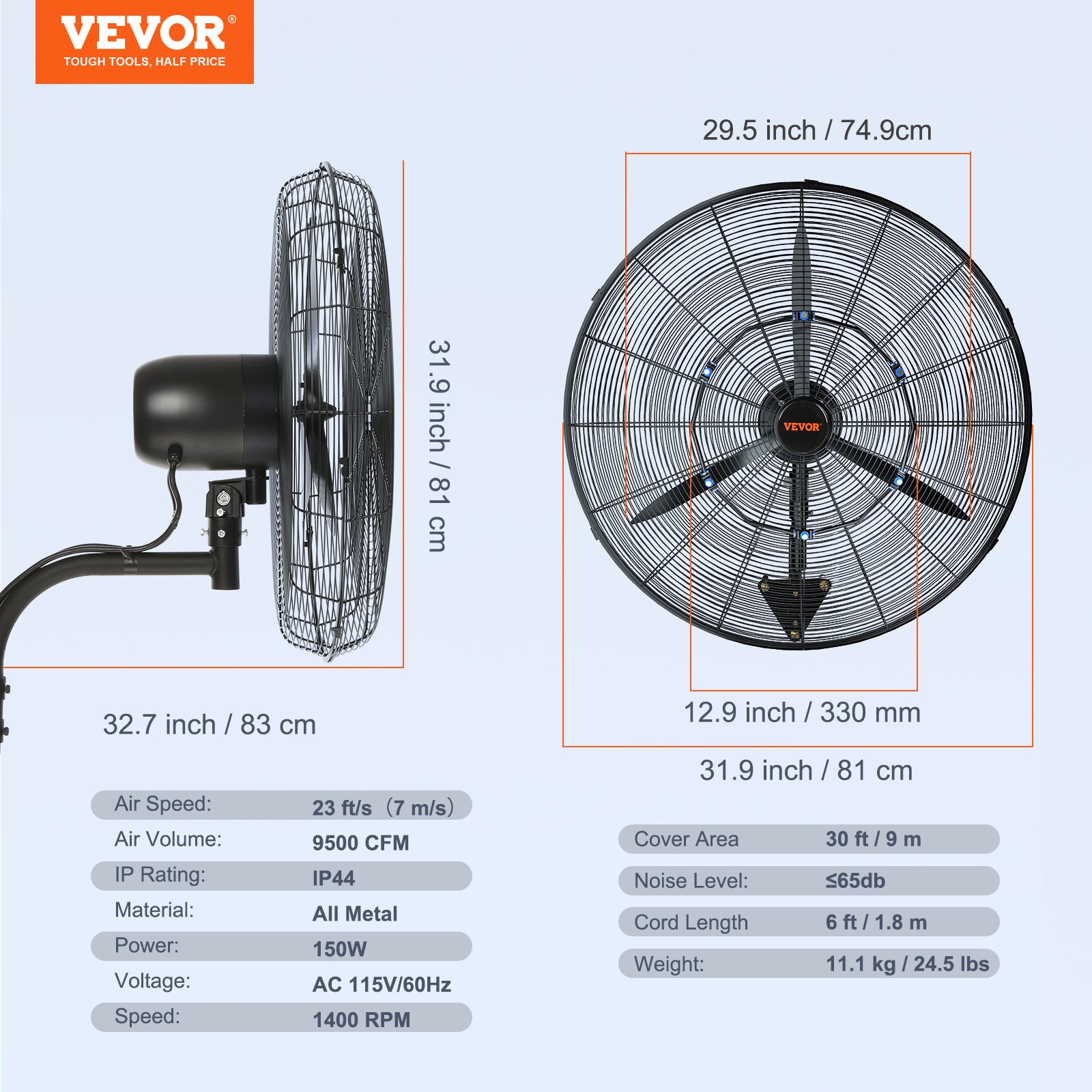 VEVOR Wall-Mount Misting Fan, 24"/30", 3-Speed High Velocity Max 7000 CFM / 9500 CFM, Waterproof Oscillating Industrial Wall Fan, Commercial/Residential for Warehouse, Greenhouse, Workshop, Black, ETL Listed
