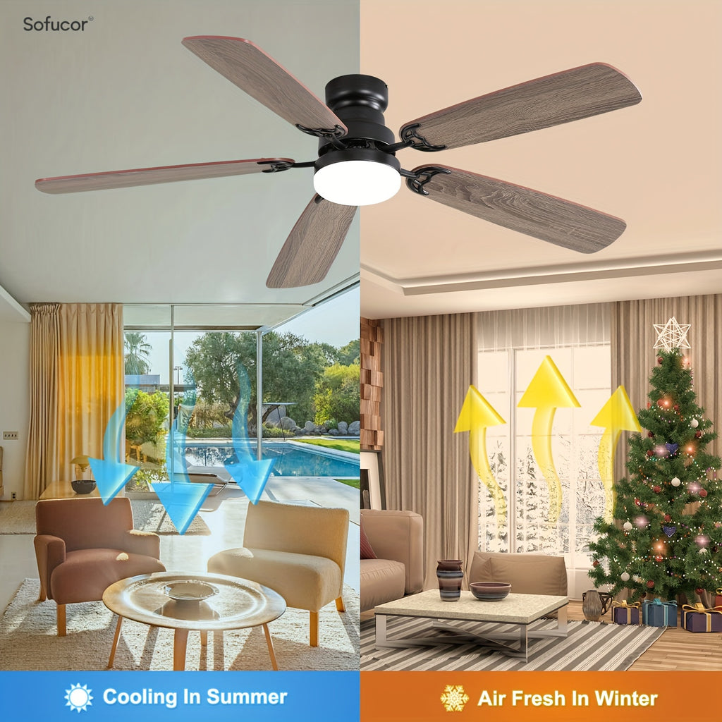 Sofucor 52" Ceiling Fan with Light & Remote, 6 Speeds, 3-Color LED, Timing, Low Profile, Noiseless Reversible DC Motor, for Bedroom, Living Room, Patio (3 Downrods Included)