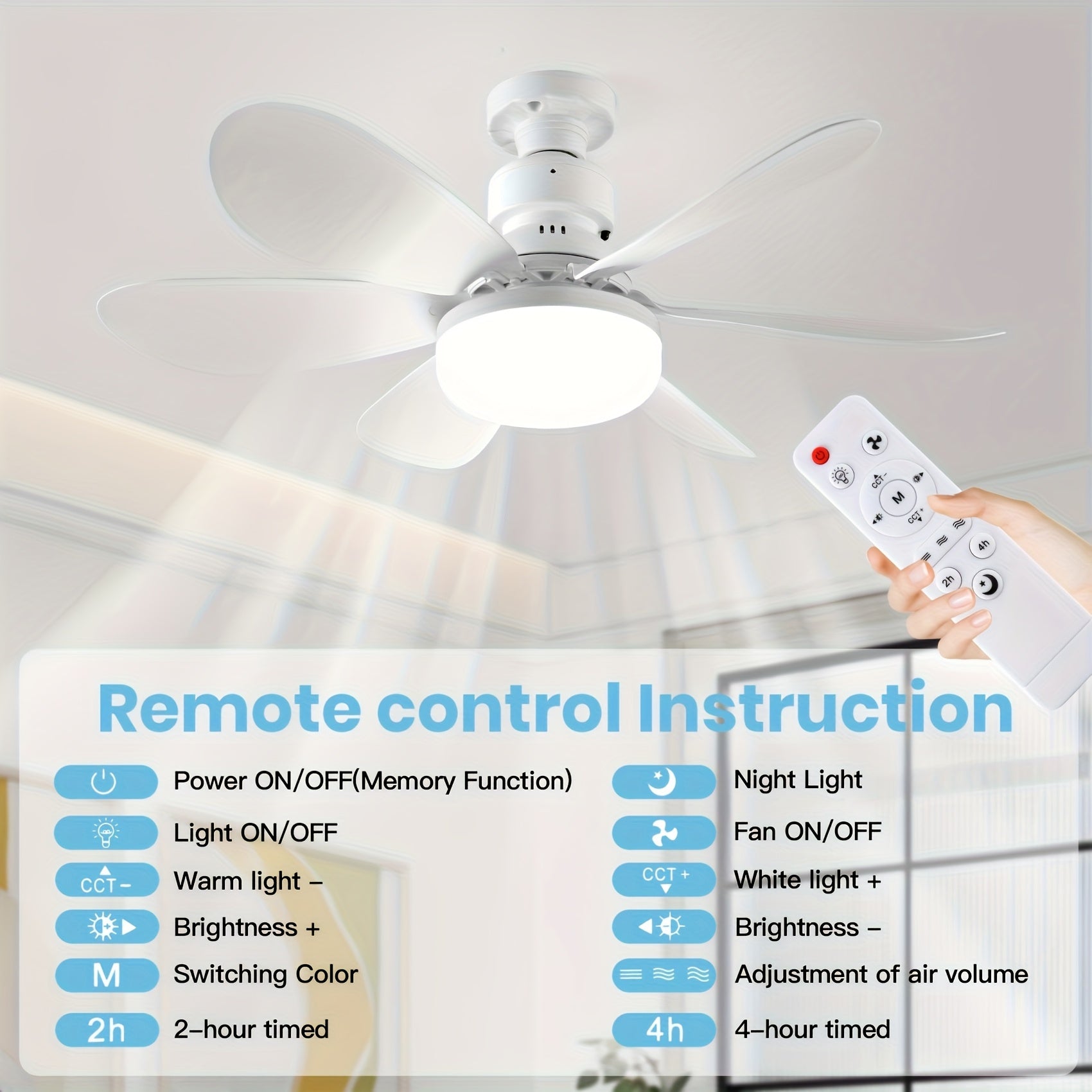 20.5/16.5 Inch White Multi-Color Flush Mount Ceiling Fan Light with Remote, E27/E26 Base 6-Blade LED Fan Light, 3 Light Colors & 3 Wind Speeds, 40W Bulb Replacement Ceiling Fan Lamp Perfect for Bedroom Home Use