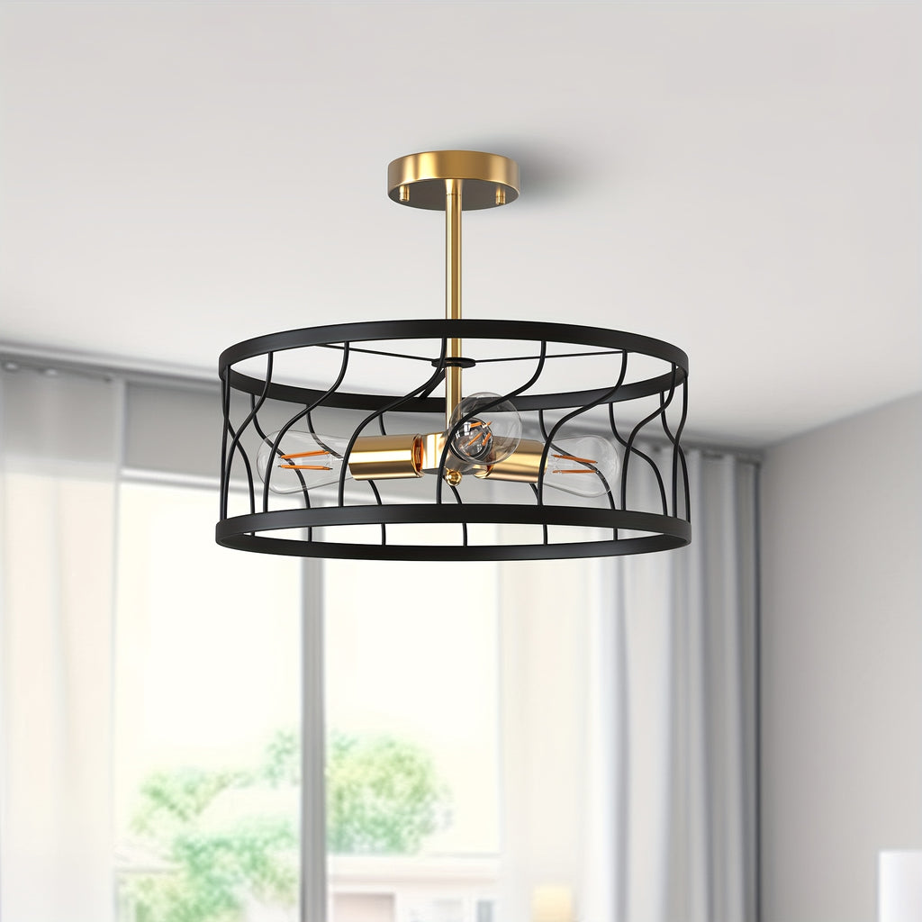 Modern 3-Light Black and Gold Semi-Flush Mount Ceiling Fixture with Drum Cage Design - Elegant Metal Lighting for Kitchen, Hallway, Bedroom or Living Room, E26 Base (Bulb Not Included), Living Room Decor | Modern Ceiling Light | Durable Metal
