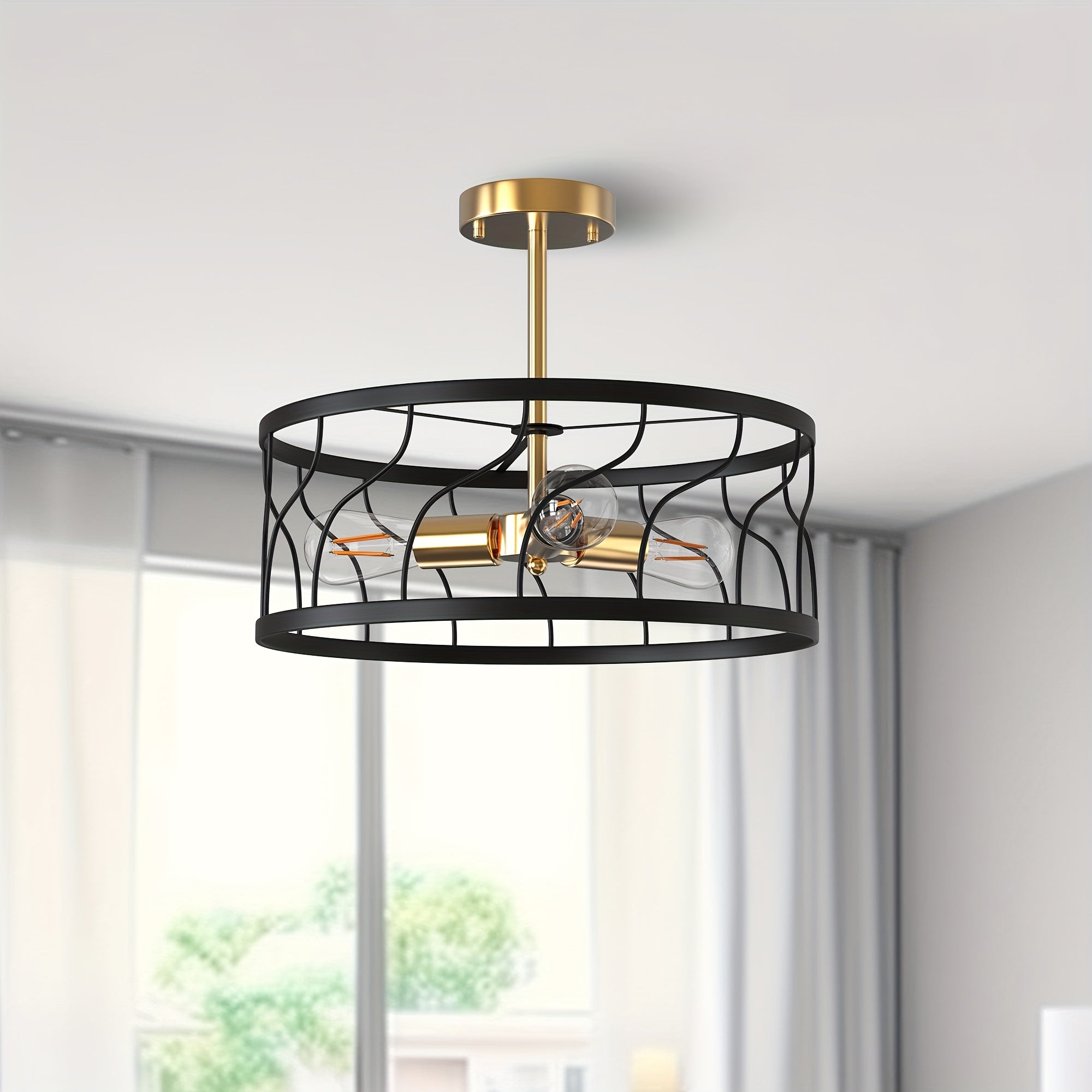 Modern 3-Light Black and Gold Semi-Flush Mount Ceiling Fixture with Drum Cage Design - Elegant Metal Lighting for Kitchen, Hallway, Bedroom or Living Room, E26 Base (Bulb Not Included), Living Room Decor | Modern Ceiling Light | Durable Metal
