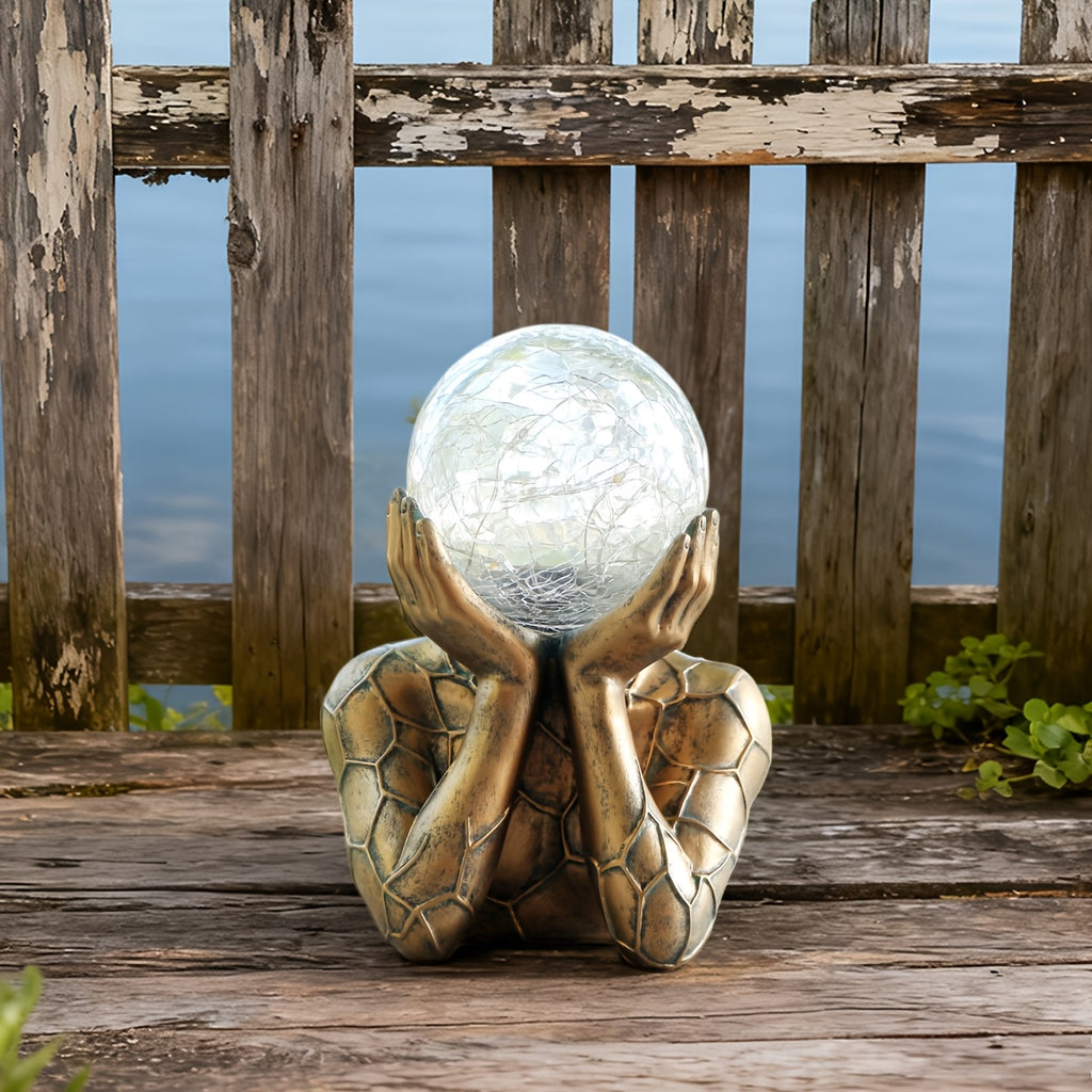 One-Piece Exquisite Hand-Holding Ball Statue, Solar Outdoor Statue Light, Garden Courtyard Lawn Ornament, Solar Light Sensing, Weather-Resistant Decoration, Illuminates Your Night Space, Holiday Decoration, Perfect Housewarming Gift.