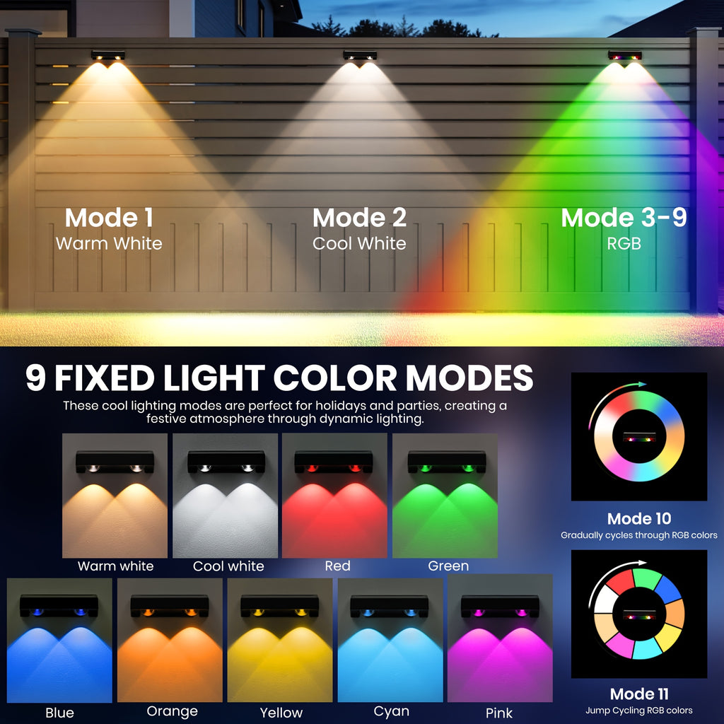 6/10/16 Pack Solar Fence Light Outdoor, Solar Wall Light 9 Fixed Colors & Color Changing, Modern Solar Step Light, Perfect for Steps, Stairs, Patio, Backyard, Porch, Railings, House Number Decoration, IP44 Waterproof