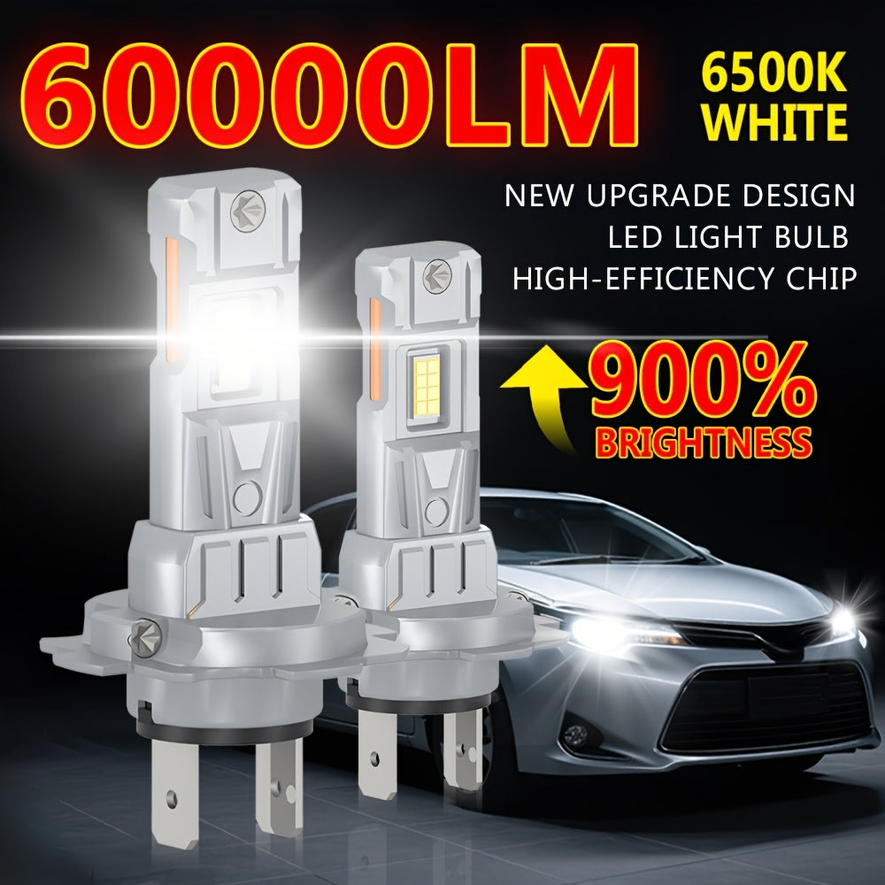 升级款H1 9005 9006 LED灯泡2个装，超亮迷你尺寸60000LM，12V 6500K白色带风扇，适用于汽车大灯、LED大灯和雾灯，易于安装，不含电池