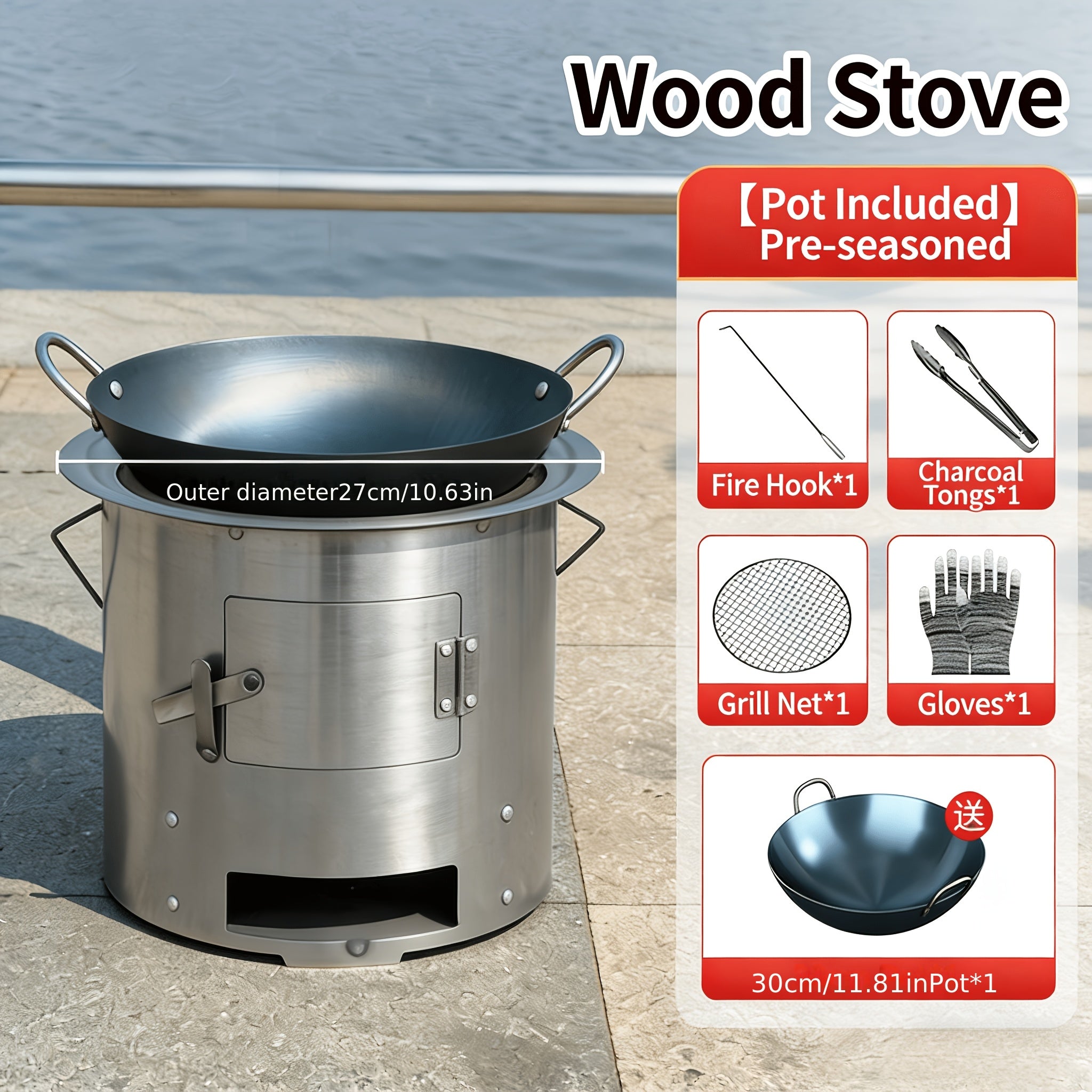 Outdoor Portable Straight-Tube Wood Burning Stove for Picnic, Multi-Functional Home Wood Stove, Rural Household Wood Cooker