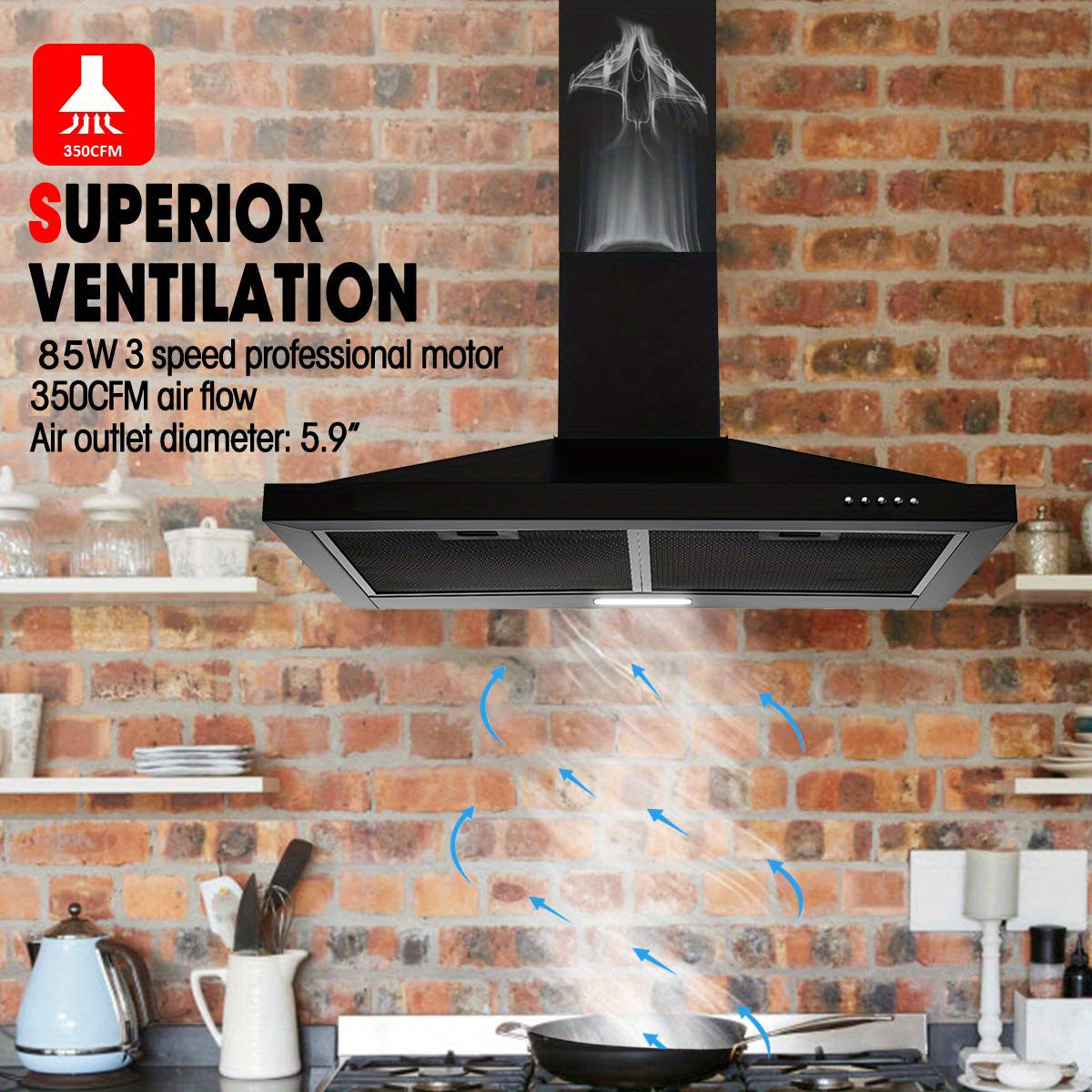Wall-Mounted Chimney Style, Black Painted Ventilation Chimney, 3-Speed Exhaust Fan, LED Light, Push-Button Control, 450CFM Strong Suction, 3 Sizes [24", 30", 36"]