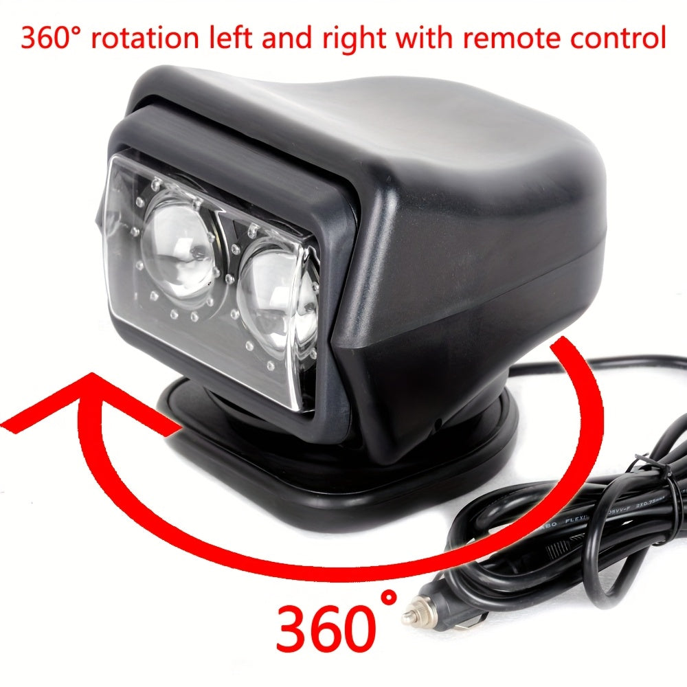 60W 7-inch LED searchlight with 360° rotation & remote control - 12-24V car plug, suitable for SUV, ATV, truck, boat, camping, hunting, outdoor lighting, high-performance LED strong beam, rugged construction, compact design