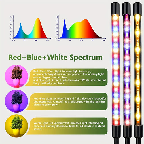 1/2/3/4-tube indoor plant LED grow light, 6000K full spectrum white light and red light, clip-on plant fill light, 5-level dimming, automatic timer switch (4, 8, 12 hours), USB powered, plant grow light