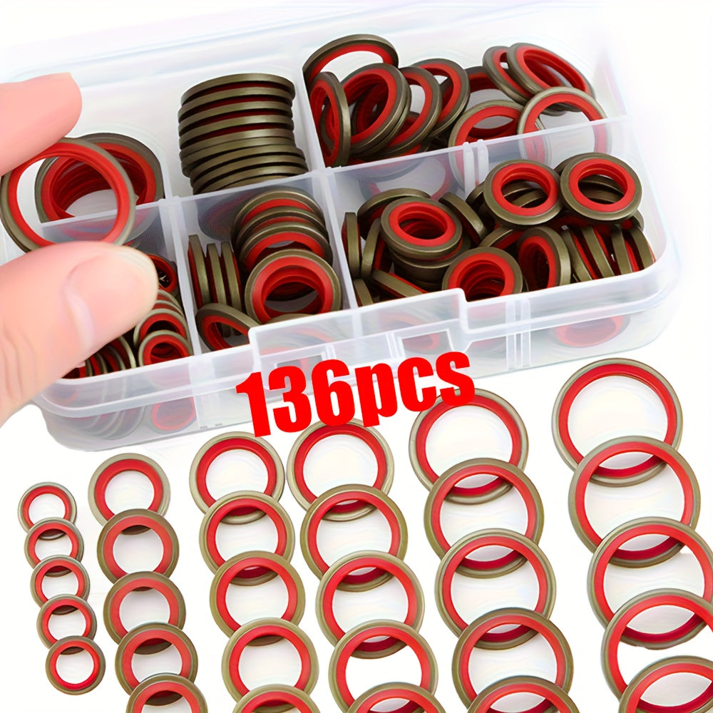 136-Piece Oil Drain Plug Gasket Seal Kit – M6/M8/M10/M12/M14/M16 NBR Rubber Metal Sealing Washer, Leak-Proof Drain Plug Seal Replacement, for Car/Truck/Hydraulic Systems, Heavy-Duty Gasket Set with Storage Case, Truck Maintenance