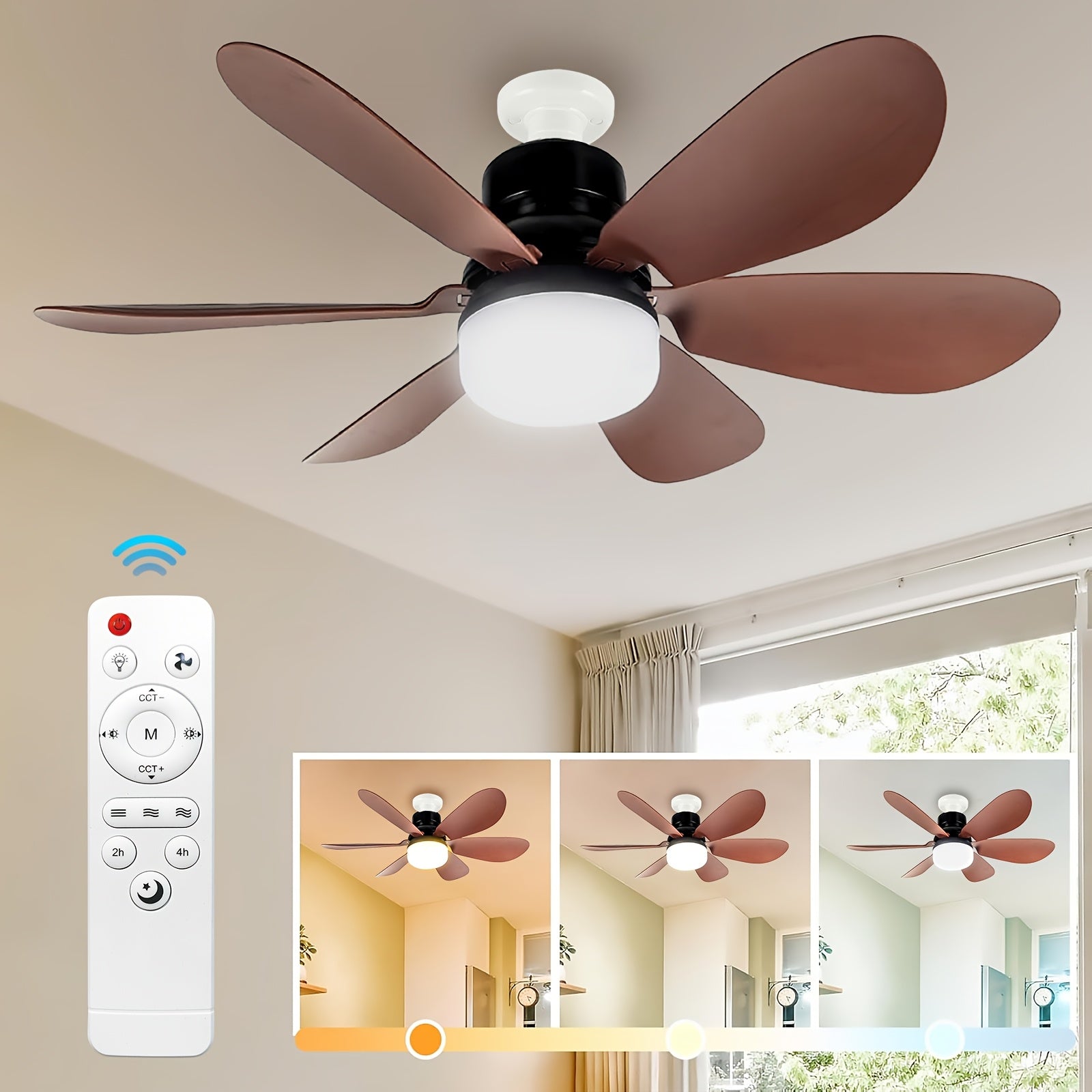 Smart Brown Ceiling Fan Light with Remote, Dimmable LED 3-Color Lighting, 3 Wind Speeds, 6-Blade Fan Light, E27/E26 Base Hardwired, Ideal for Kids' Room, Bedroom, Kitchen, Study, Brown Flush Mount Fan Light.
