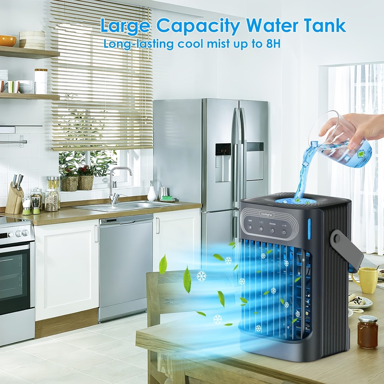 Upgraded 10W Portable Cooling Fan & Evaporative Air Cooler, 3-in-1 Function, 3 Wind Speeds, 7 LED Lights, 3 Cooling Mist Modes, 2–8 Hours Timer, Personal Mini Compact Air Conditioner