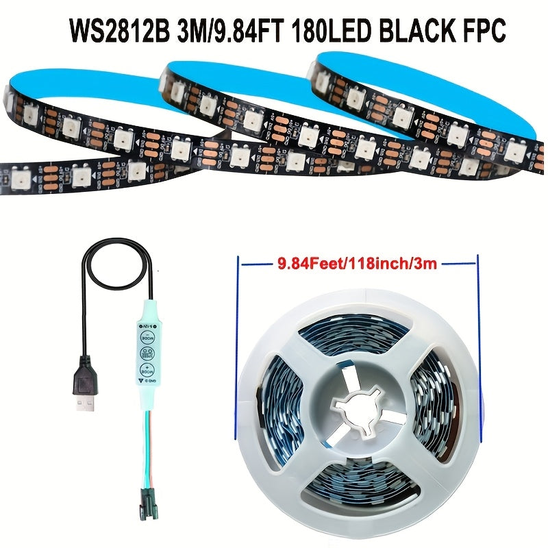 AOEVK 16.4Ft 智慧型 LED 燈條 5050 RGB+IC，具追蹤效果 - WS2812B 可獨立識別，USB 5V 每公尺 60 LED，電視背光燈 (適用於 50-85 吋螢幕)，適用於居家和牆面裝飾、萬聖節、聖誕節