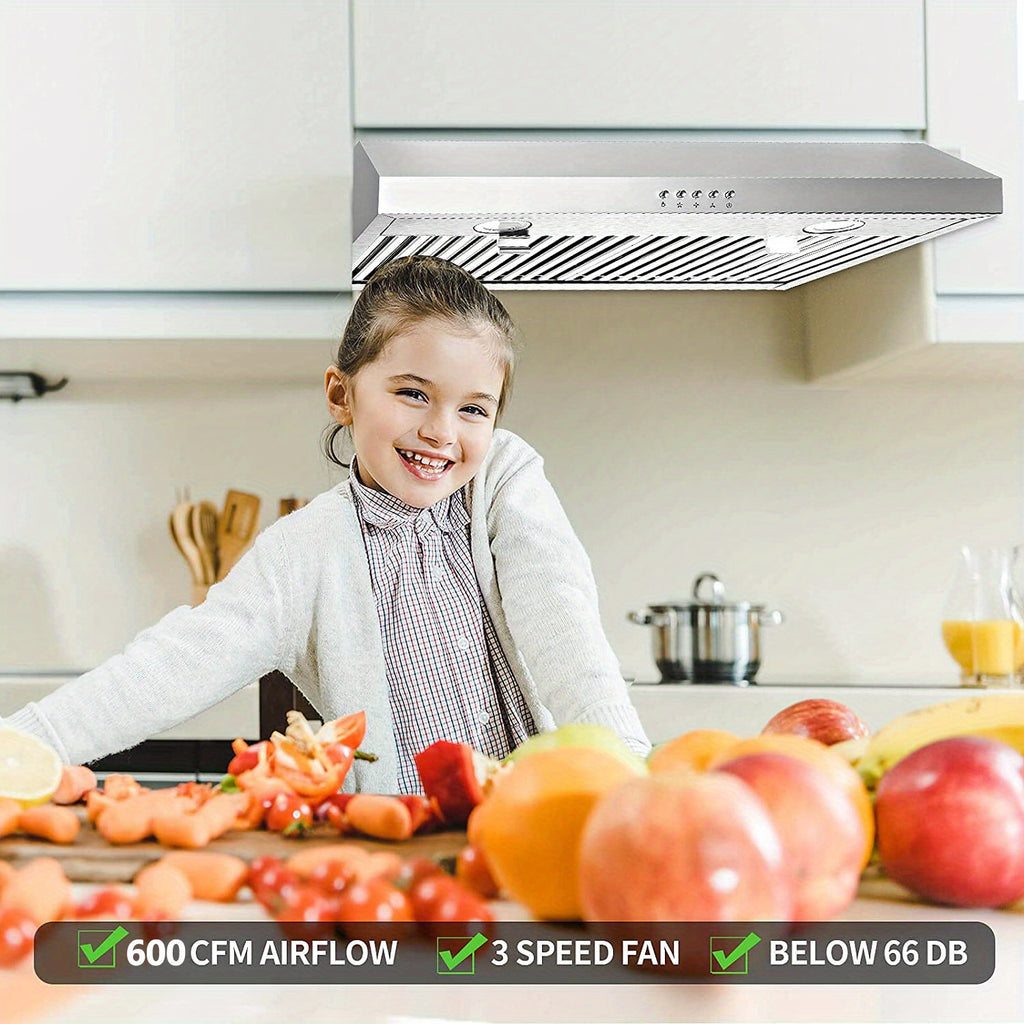 30-Inch Under-Cabinet Range Hood, 600 CFM Stainless Steel Kitchen Exhaust Fan, 3-Way Exhaust System, 2 LED Lights, Button/Touch Control