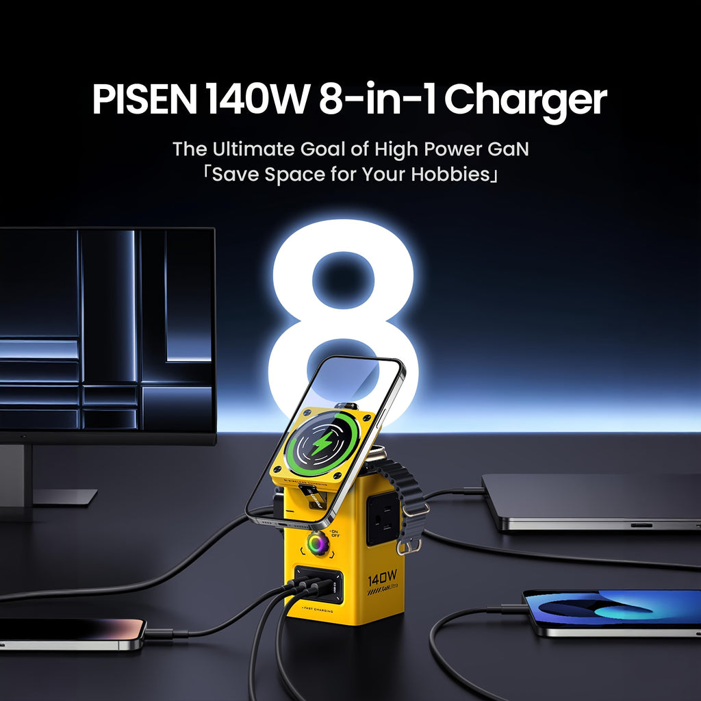 PISEN 8-in-1 Magnetic Wireless Charging Station Compatible for iPhone 17/16/15/14/13/12, Hub with Qi2 Fast Charger, 140W Power Adapter, Breathing & System, USB-C Cable & Magnetic Ring Included, Travel-Friendly (8-Device)